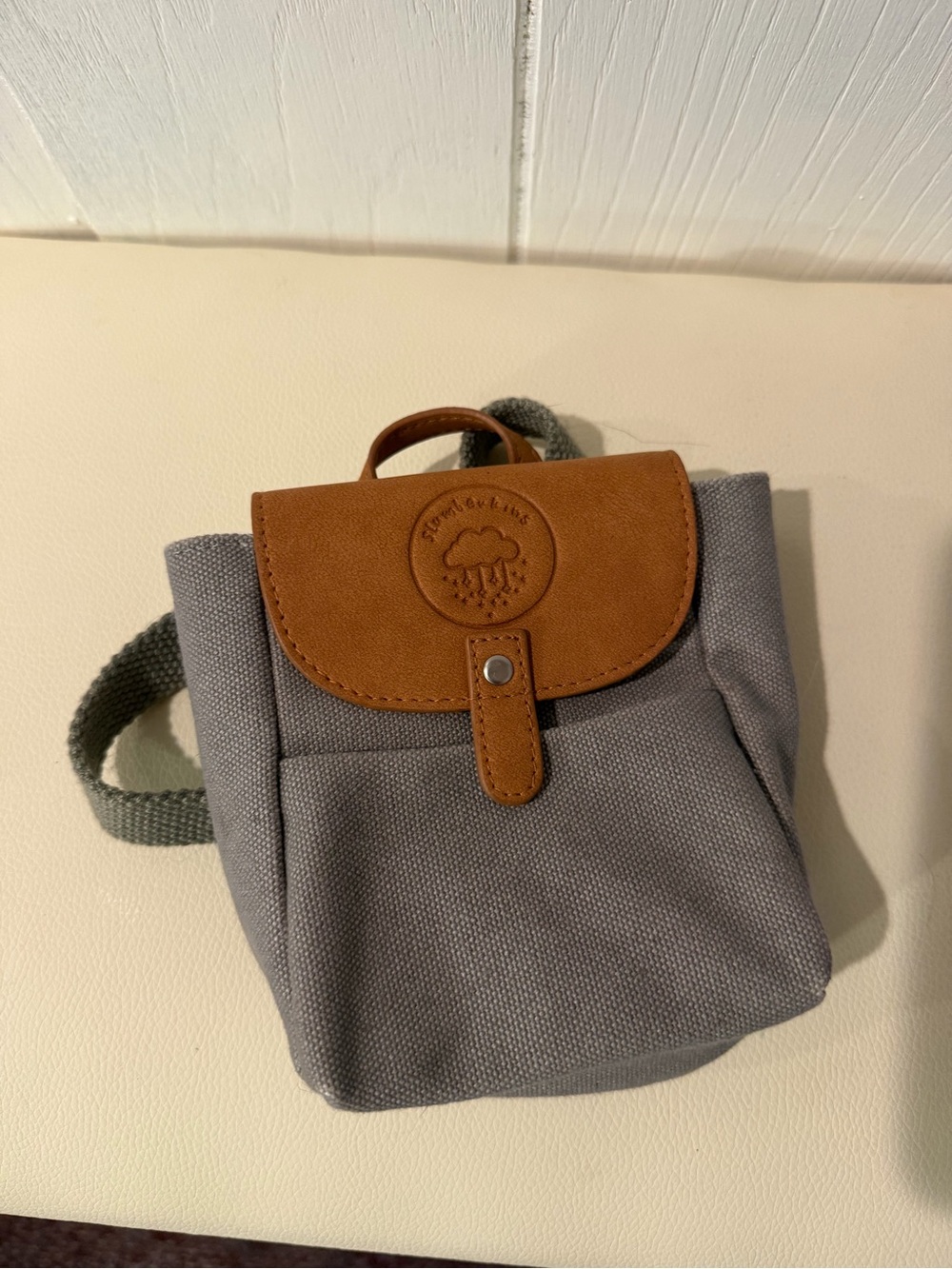 Grey Canvas Mini Backpack with Brown Faux Leather Flap